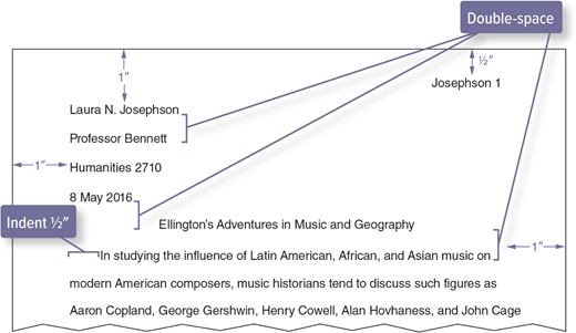 The figure shows the top portion of the first page of a research paper. The top-right area of the page has the page number, which is half an inch below the margin. The start of the address is spaced one inch from the left margin and one inch from the top. The lines of the address have a double space between them. The subject and the last line of address have a double space between them. The start of the body is indented by half an inch. The end of the first line has a one-inch space to the right margin.