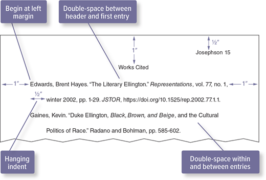 The title of the page “Works Cited” is present at the top, spaced one inch below the margin and centered on the page. The page number is spaced half-inch from the top. The works-cited-list entries are spaced one inch from the margin on the left. A double space is present between the header and first entry, and also within and between the entries. The second line of the first entry is spaced an additional half-inch away from the start of the first line. This is the hanging indent.