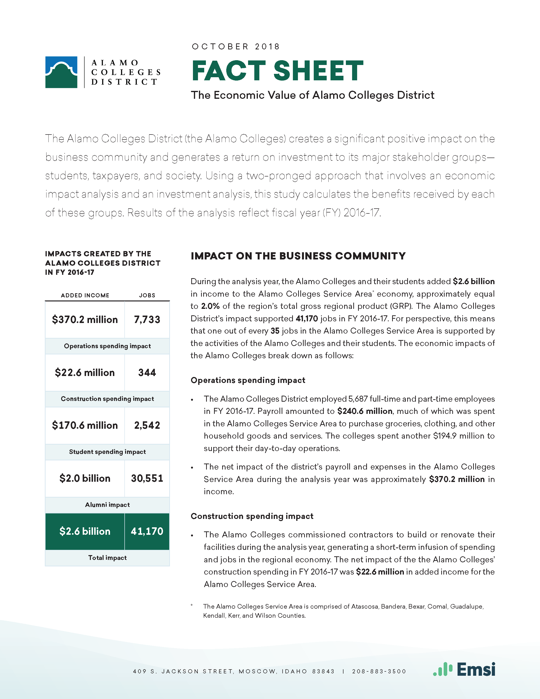 Alamo Colleges District Fact Sheet Front Page Image