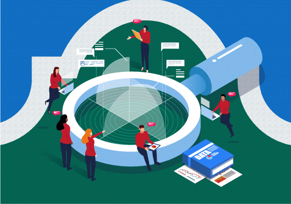 Illustration of reporting team over Alamo Colleges Logo